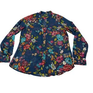 KUT from the Kloth Navy Blue Floral Button Down Blouse Shirt Womens Medium